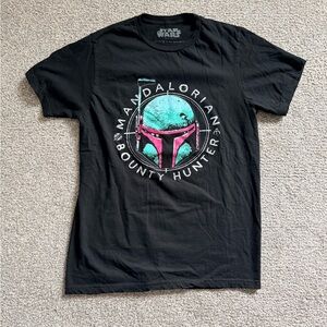 Star Wars Black Short Sleeve Tee with Teal and Pink Mandalorian Helmet